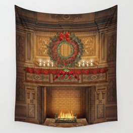 Christmas Fireplace Wall Tapestry | Ribbon, Fireplace, Wood, Candles, Oct17Cb, Poinsettia, Beautiful, Mantelpiece, Mantlepiece, Christmas 