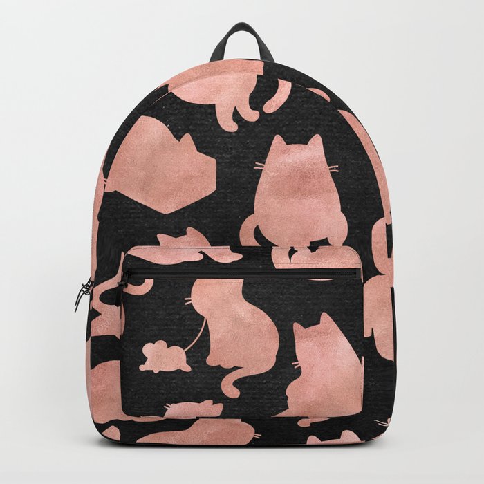Rose Gold Pink Cats on Black Backpack