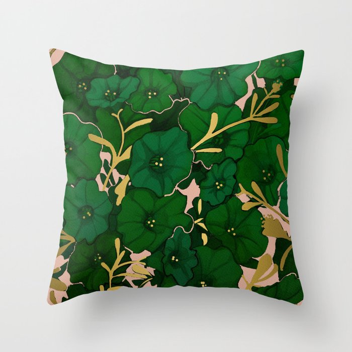 Green, Gold, and Pink, Floral Pattern Throw Pillow