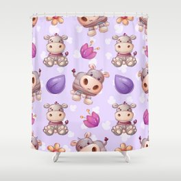 Baby Hippo Cartoon Illustrator Child Drawing, Cute Seamless Pattern Design Shower Curtain