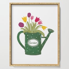 Green watering can with colorful spring bouquet Serving Tray