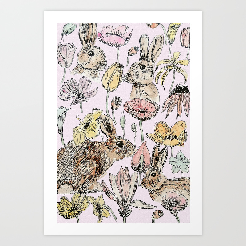 Rabbits And Flowers With Color Art Print By Colorandcolor Society6