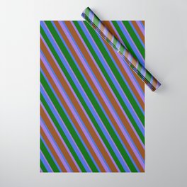 [ Thumbnail: Purple, Brown, Royal Blue & Dark Green Colored Stripes Pattern Wrapping Paper ]