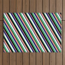 [ Thumbnail: Eye-catching Dark Salmon, Midnight Blue, Mint Cream, Sea Green, and Black Colored Pattern of Stripes Outdoor Rug ]