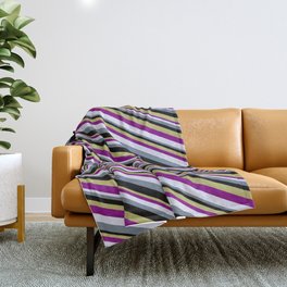 [ Thumbnail: Eye-catching Dark Khaki, Purple, Lavender, Slate Gray, and Black Colored Lined/Striped Pattern Throw Blanket ]