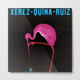 Rare Aperitif pink flamingo Xérez-Quina-Ruiz 1905 liquor alcoholic beverage vintage poster in blue Metal Print | Advertisement, Kitchen, Alcoholic, Advertising, Alcohol, Curated, Foodandwine, Vodka, Absinthe, Aperitif 