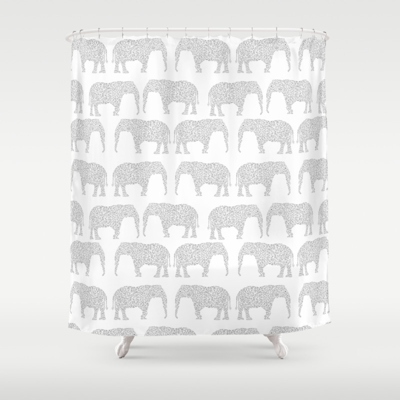 Geometric Elephant Grey Monochromatic, Elephant Print Shower Curtain