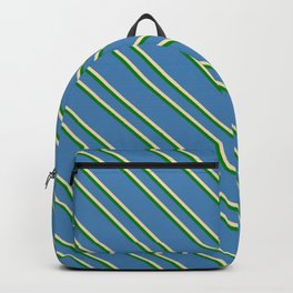 [ Thumbnail: Blue, Tan & Green Colored Striped/Lined Pattern Backpack ]