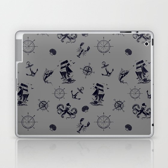 Grey And Blue Silhouettes Of Vintage Nautical Pattern Laptop & iPad Skin
