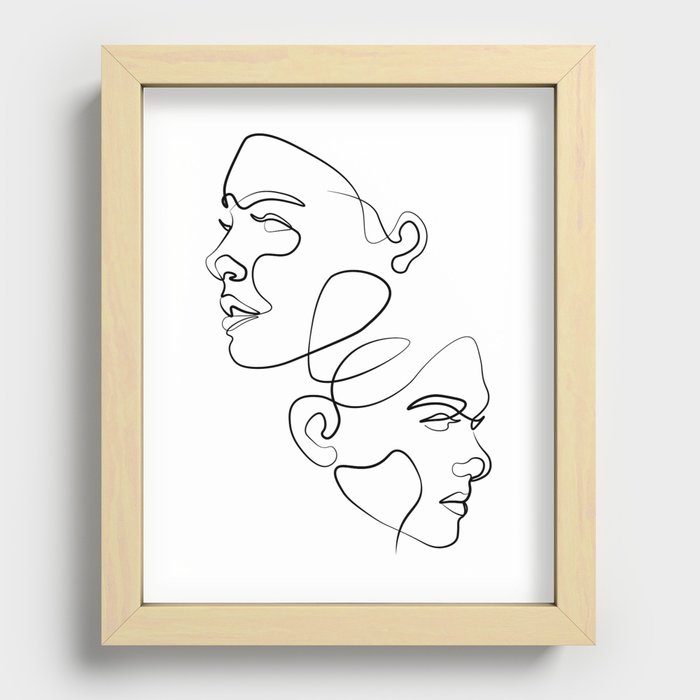 TWO WOMAN FACES IN DIFFERENT DIRECTIONS ONE LINE ART DESIGN Recessed Framed Print