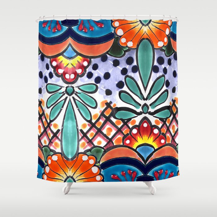 Colorful Talavera, Orange Accent, Large, Mexican Tile Design Shower Curtain