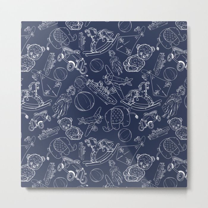 Navy Blue and White Toys Outline Pattern Metal Print