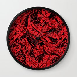 Polynesian Tribal Lava Red Leaf And Floral Wall Clock