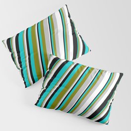 [ Thumbnail: Eye-catching Green, Grey, White, Black & Dark Turquoise Colored Pattern of Stripes Pillow Sham ]