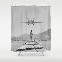 Steady As She Goes; aircraft coming in for an island landing black and white photography- photographs Shower Curtain