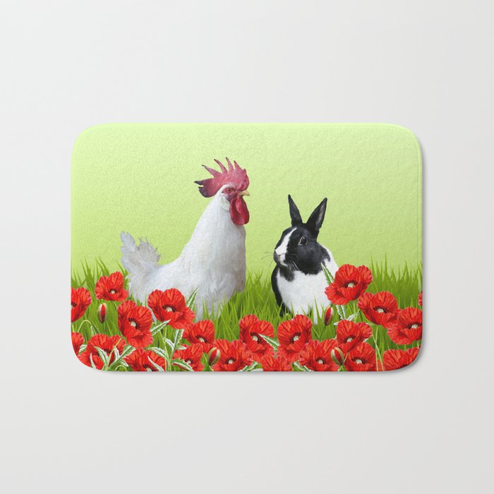 Rooster Chicken Bunny - Poppies Field  Bath Mat