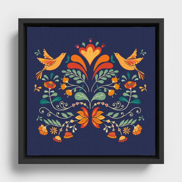 Flowers and birds - Folk Art - blue and orange Framed Canvas