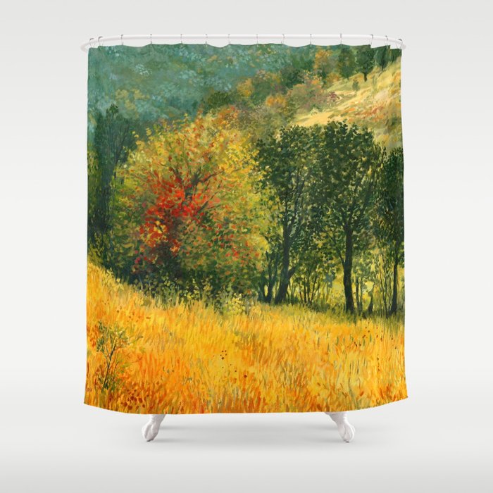An oil painting on canvas of a seasonal autumn rural landscape with colorful old pear tree, growing alone on a bright sunny meadow near the forest Shower Curtain