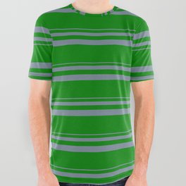 [ Thumbnail: Light Slate Gray and Green Colored Stripes Pattern All Over Graphic Tee ]