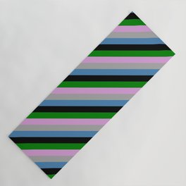 [ Thumbnail: Vibrant Plum, Dark Grey, Blue, Black & Green Colored Stripes Pattern Yoga Mat ]