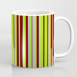 [ Thumbnail: Grey, Chartreuse, and Maroon Colored Striped Pattern Coffee Mug ]