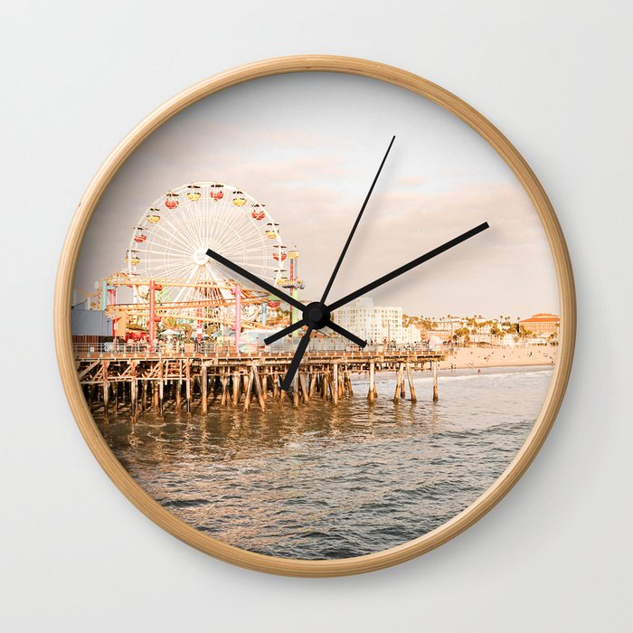 Sunset At Santa Monica Pier Ferris Wheel Photo | Pastel Sky California Beach Art Print | Travel Photography Wall Clock