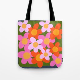 Cheerful Spring Flowers 70’s Retro Green on Navy Blue Tote Bag