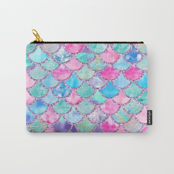 Colorful Pink and Blue Watercolor Trendy Glitter Mermaid Scales  Carry-All Pouch