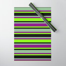 [ Thumbnail: Dark Sea Green, Purple, Chartreuse, and Black Colored Striped/Lined Pattern Wrapping Paper ]