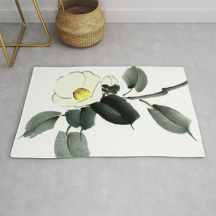 White camellia sumi ink and japanese watercolor painting Rug