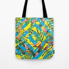 Tropics Tote Bag | Spring, Watercolor, Tropical, Pattern, Yellow, Green, Blue, Birdofparadise, Exotic, Pink 