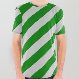 [ Thumbnail: Light Gray and Green Colored Stripes/Lines Pattern All Over Graphic Tee ]