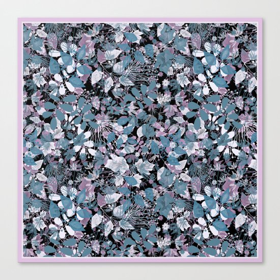Openwork blue and purple leaves on a black background . Canvas Print
