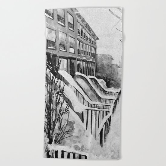 Brooklyn New York in Snow Storm Black and White Beach Towel