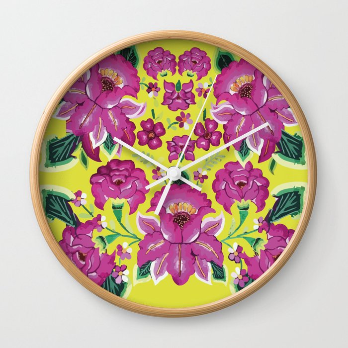 Hot pink tehuana oaxaca flowers and leaves embroidery rosa mexicano interior design mexican tablecloth Wall Clock