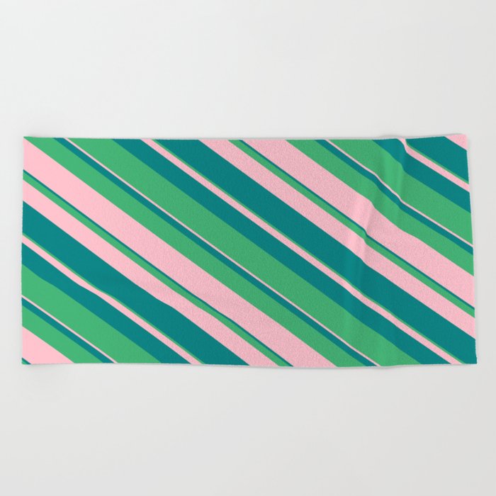 Sea Green, Pink, and Teal Colored Stripes/Lines Pattern Beach Towel