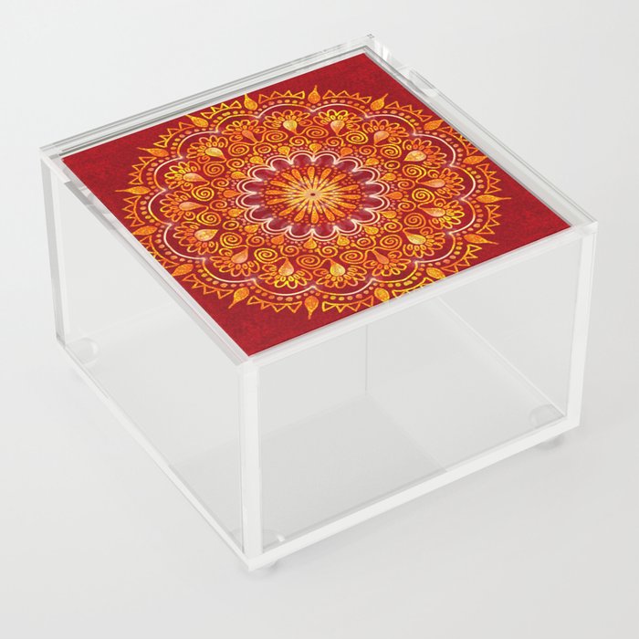 Warm Cinnamon Red Mandala with Golden Glow  Acrylic Box