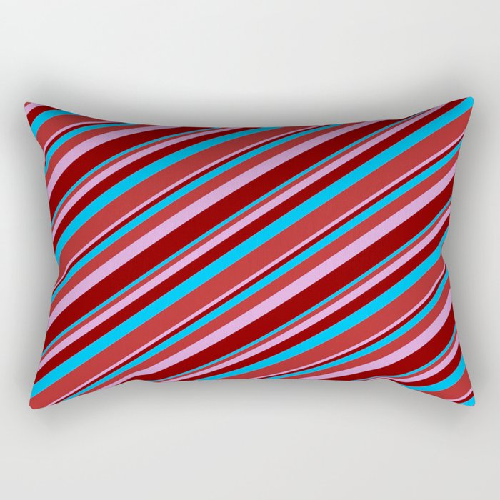 Deep Sky Blue, Red, Plum & Maroon Colored Lined/Striped Pattern Rectangular Pillow