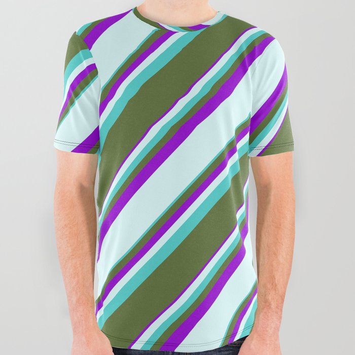 Turquoise, Dark Olive Green, Dark Violet & Light Cyan Colored Striped/Lined Pattern All Over Graphic Tee
