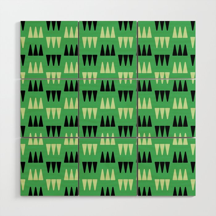 Retro Modernist Geometric Tri-Triangle Pattern 732 Black Green and Beige Wood Wall Art