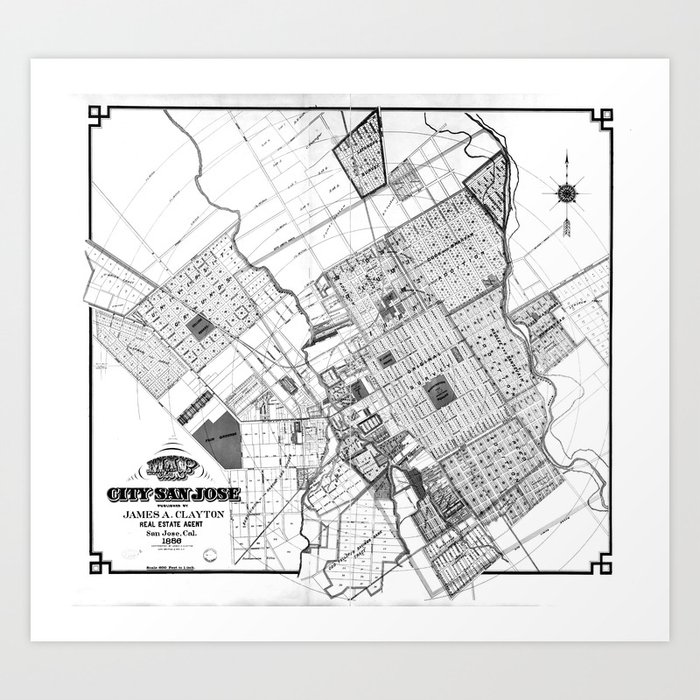 Vintage Map Of San Jose California 1886 Bw Art Print By Bravuramedia