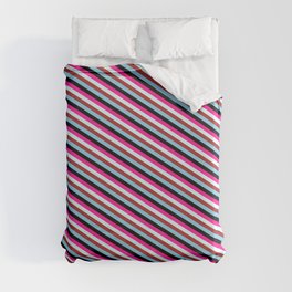 [ Thumbnail: Vibrant Deep Pink, Light Cyan, Brown, Sky Blue, and Black Colored Lines Pattern Duvet Cover ]