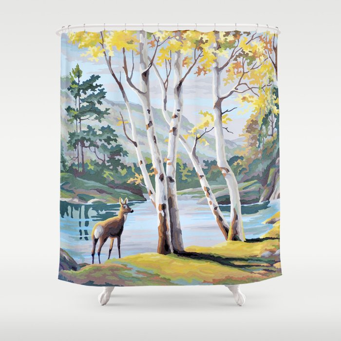 Paint By Numbers Deer Woodland Scene Shower Curtain By