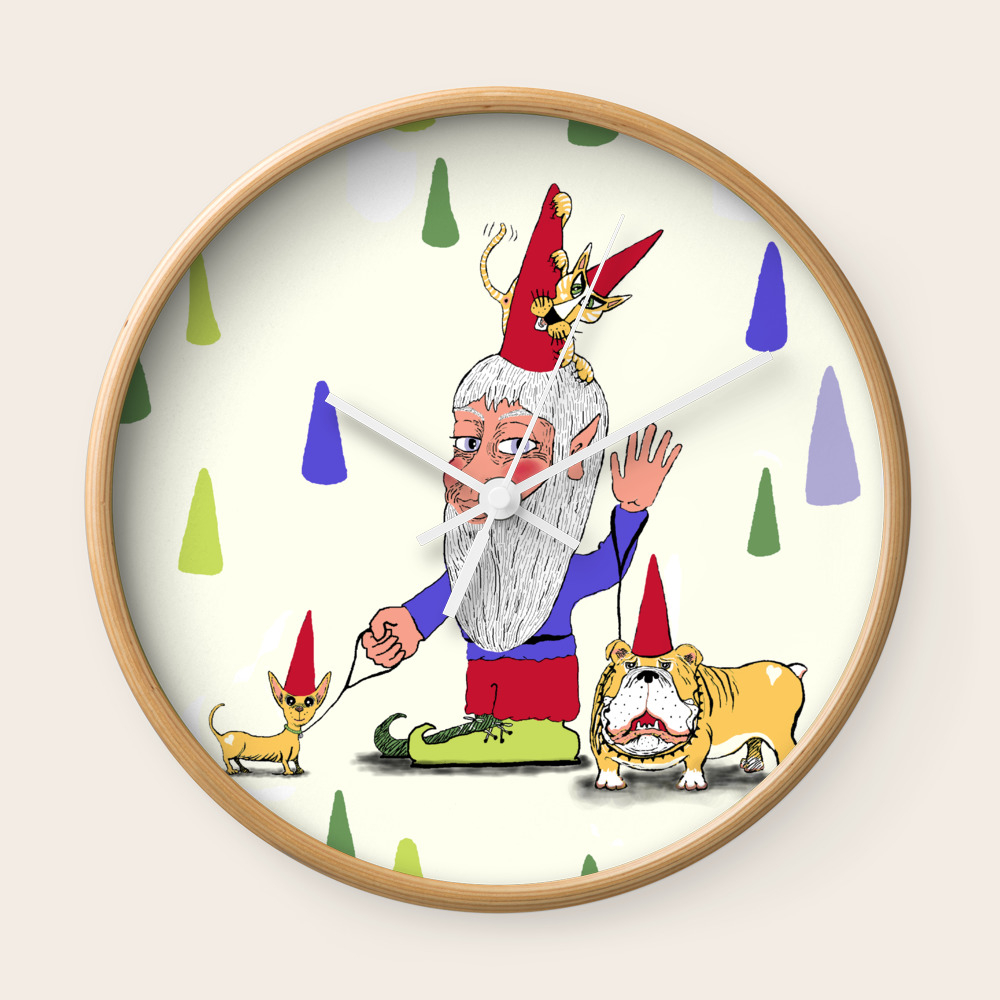 A Gnome Two Dogs And A Cat Wall Clock By Amygale Society6