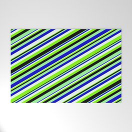 [ Thumbnail: Eyecatching Green, Blue, Mint Cream, Chartreuse, and Black Colored Lined/Striped Pattern Welcome Mat ]