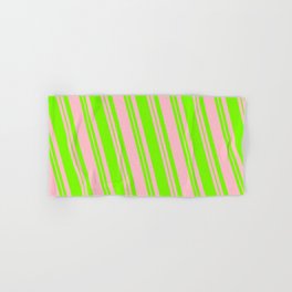 [ Thumbnail: Pink & Green Colored Lined/Striped Pattern Hand & Bath Towel ]