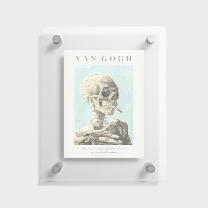 Vincent Van Gogh - Skull of a skeleton with burning cigarette (version with text & blue background) Floating Acrylic Print