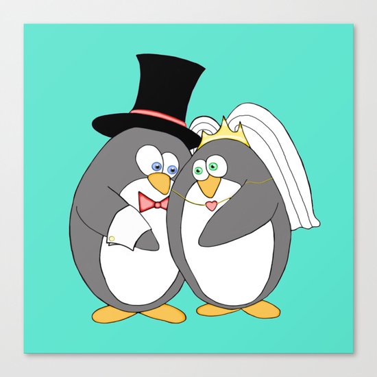 Penguin Married Love Turquoise Canvas Print