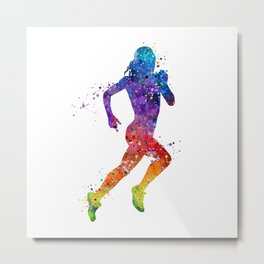 Girl Running 2 Colorful Watercolor Sports Art Metal Print
