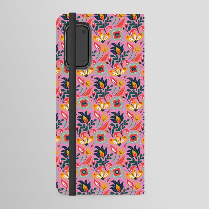 Colorful Floral Pattern On Pink Background Android Wallet Case